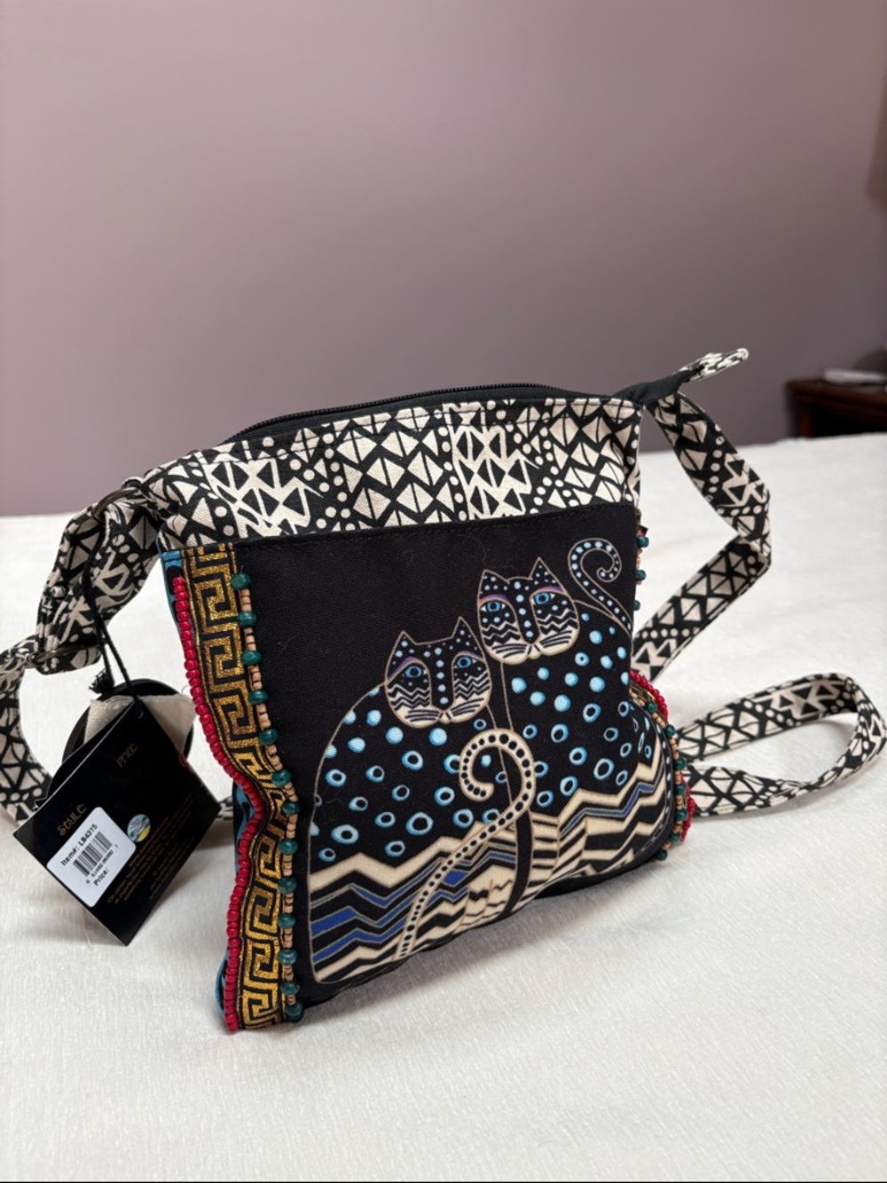 Laurel Burch Cats Crossbody Bag- with golden metal thread and beads.